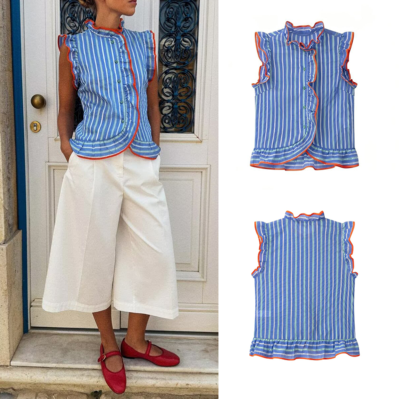 Women's blue vertical striped  - đánh giá và giá Shirt Camp Collar
