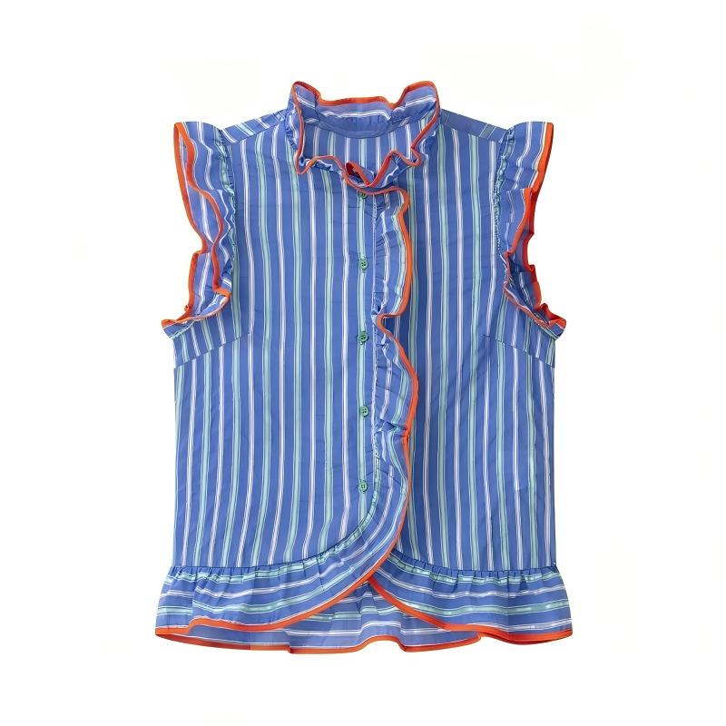 Women's blue vertical striped  - đánh giá và giá Shirt Camp Collar